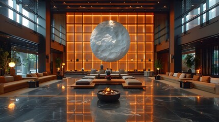 Wall Mural - A modern and stylish hotel lobby featuring elegant seating, ambient lighting, and a large decorative wall piece, creating a serene atmosphere. 