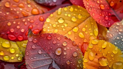 Sticker - Colorful autumn leaves with water droplets creating a vibrant seasonal background