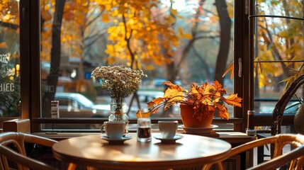 Sticker - Cozy cafe interior with autumn view 