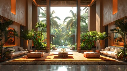 Wall Mural - A luxurious and spacious living room bathed in natural light, featuring elegant furniture, vibrant tropical plants, and a view of a serene garden pool. 