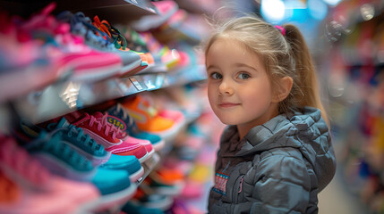 Wall Mural - Young Girl in Colorful Shoe Store