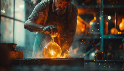 Wall Mural - A man is pouring molten glass into a glass container