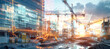 © Anoo - A futuristic construction site, with cranes and excavators working against a backdrop of a city skyline. Augmented reality overlays depict digital blueprints and project progress