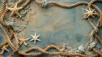 Wall Mural - Seaside summer vacation backdrop with starfish, nautical rope, and blank space