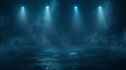 Canvas Print - A dark empty street, dark blue background, an empty dark scene, neon light, spotlights The asphalt floor and studio room with smoke float up the interior texture. night view