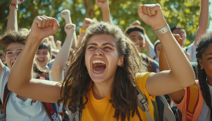 Wall Mural - A group of people are cheering and one woman is smiling