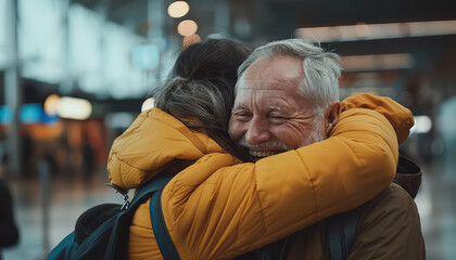 Wall Mural - A man and a woman hug each other in a busy airport