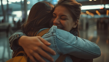 Wall Mural - A man and a woman hug each other in a busy airport