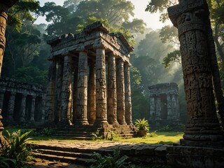 An ancient temple with majestic stone columns and statues, set against a backdrop of lush green forests.