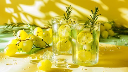 Wall Mural - Beverages on a yellow theme with grapes rosemary and chilled water