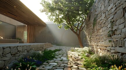 Wall Mural - Bright sunshine and a stone walled the material residence