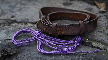 Wall Mural - Brown trouser belt that falls apart tied with violet string