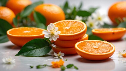 bright orange slices on white surface with blooming flowers and lush green leaves.