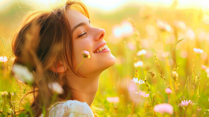 Joyful Young Woman Relishing Nature in a Sunlit Meadow, Happy and Carefree Outdoor Lifestyle on a Sunny Day, Floral Scenery and Blissful Moments