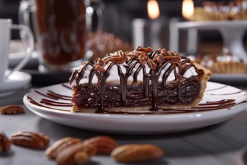 Wall Mural - Slice of chocolate pecan pie drizzled with chocolate sauce on white plate