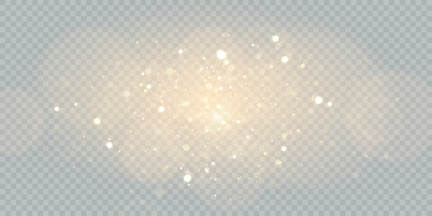 sparkling christmas gold particles of bright bokeh, glowing bokeh lights and glitter isolated on tra