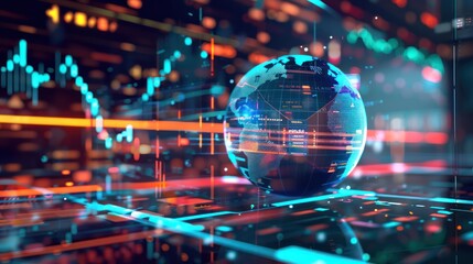 conceptual visualization of a financial forecast, with a holographic globe showing different market conditions in various regions