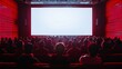 © pornsawan - People in the cinema auditorium with Cinema blank wide screen and red chairs in the cinema hall,People silhouettes watching movie performance,empty white screen,space for text.