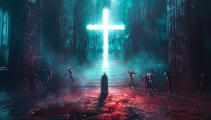 Wall Mural - A woman stands in front of a cross with a group of zombies surrounding her