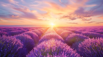 Wall Mural - Idyllic view of sun shining over lavender field against sky during sunset