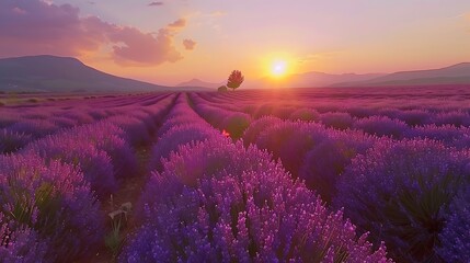 Wall Mural - Lavender fields at sunset time