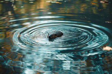 Poster - A serene shot of a Eurasian beaver swimming in a pond, creating ripples on the water's surface