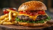 © Khukrit - Gourmet Cheeseburger with Fresh Toppings and Crispy Fries on Wooden Board