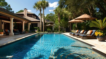 Wall Mural - Pool with chairs for relaxing and a covering