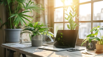 Poster - Laptop on a Desk with Plants by a Window