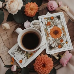 Wall Mural - still life with coffee, roses and tarot cards