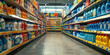 © syhin_stas - Department of household chemicals in a large supermarket, hardware store. Rows with shelves on which goods are placed. Banner