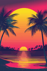 Wall Mural - Evening on the beach with palm trees. Rest concept. Palm trees silhouettes at sunset. Vector retro poster