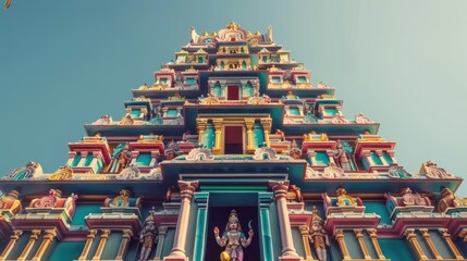 Majestic Hindu temple with intricate carvings and vibrant colors, set against a clear blue sky.