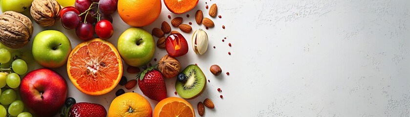 Wall Mural - A minimalist, high-key setup with an assortment of fresh fruits and nuts, set against a crisp, white background, broad empty space on the right for promotional text.