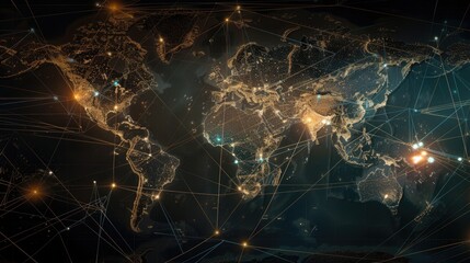 Wall Mural - world map with lines representing international commerce.