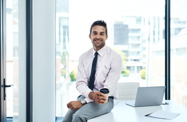 Poster - Portrait, smile and business man with coffee to relax on office break at desk. Happy entrepreneur, professional and worker drinking tea beverage at table with insurance consultant at company in Spain