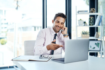 Leinwandbilder - Laptop, phone call for feedback and financial advisor man in office for communication or online trading. Investment, portfolio management and smile with broker talking in professional workplace