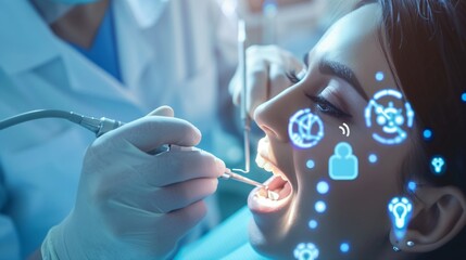 close up of a dentist drilling teeth to patient near the patient mouth there are holograms of icons related to artificial intelligence