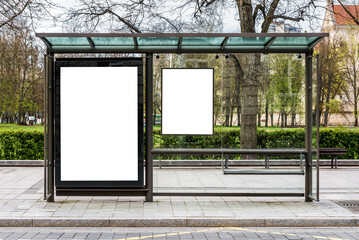 Blank White Mockup Of Vertical Poster Billboard In A Bus Stop