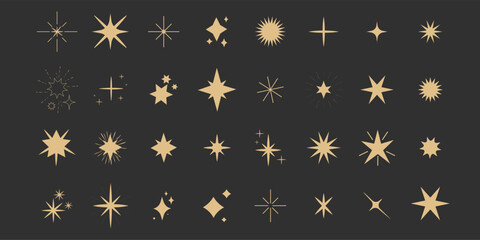 Sticker - Set gold shine sparkle icon glare,light,blink star minimal shape, burst and rays golden decoration. Twinkle magic comic shine isolated on dark background.