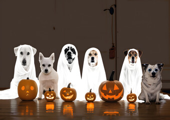 Poster - halloween ghosts dogs in a row