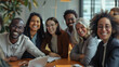 © Chatchanan - Smiling employees of a diverse law firm gathered around a conference table, exuding teamwork and unity.