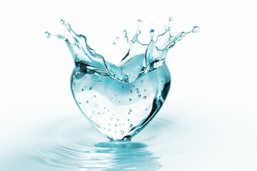 Wall Mural - Close up of blue heart shaped water drop with splashes on white background