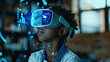 © Chatchanan - Young learner with VR headset, AI-powered classroom technology providing interactive education, blue holograms enhancing the scene