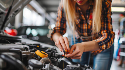 A female mechanic checking the oil level of a car engine, holding a dipstick.