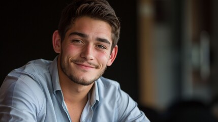 Wall Mural - A young man with a beard and a smile is posing for a picture