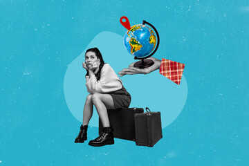 Sticker - Creative collage picture young sitting girl bored flight delay departure suitcases plant earth globe destination mark traveler