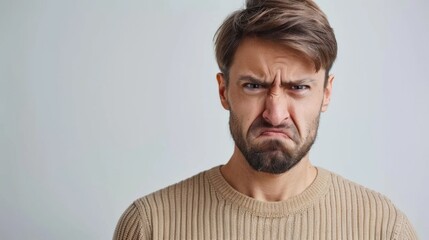 A man with a beard and a frowning face is wearing a brown sweater