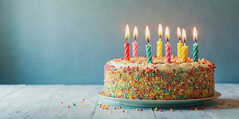 Birthday cake with lit candles surrounded by colorful sprinkles , celebration, decoration, dessert, party, event