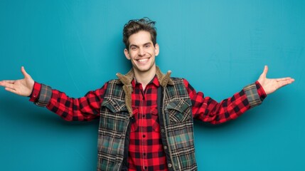 A man in a plaid jacket is smiling and holding his arms out to the side